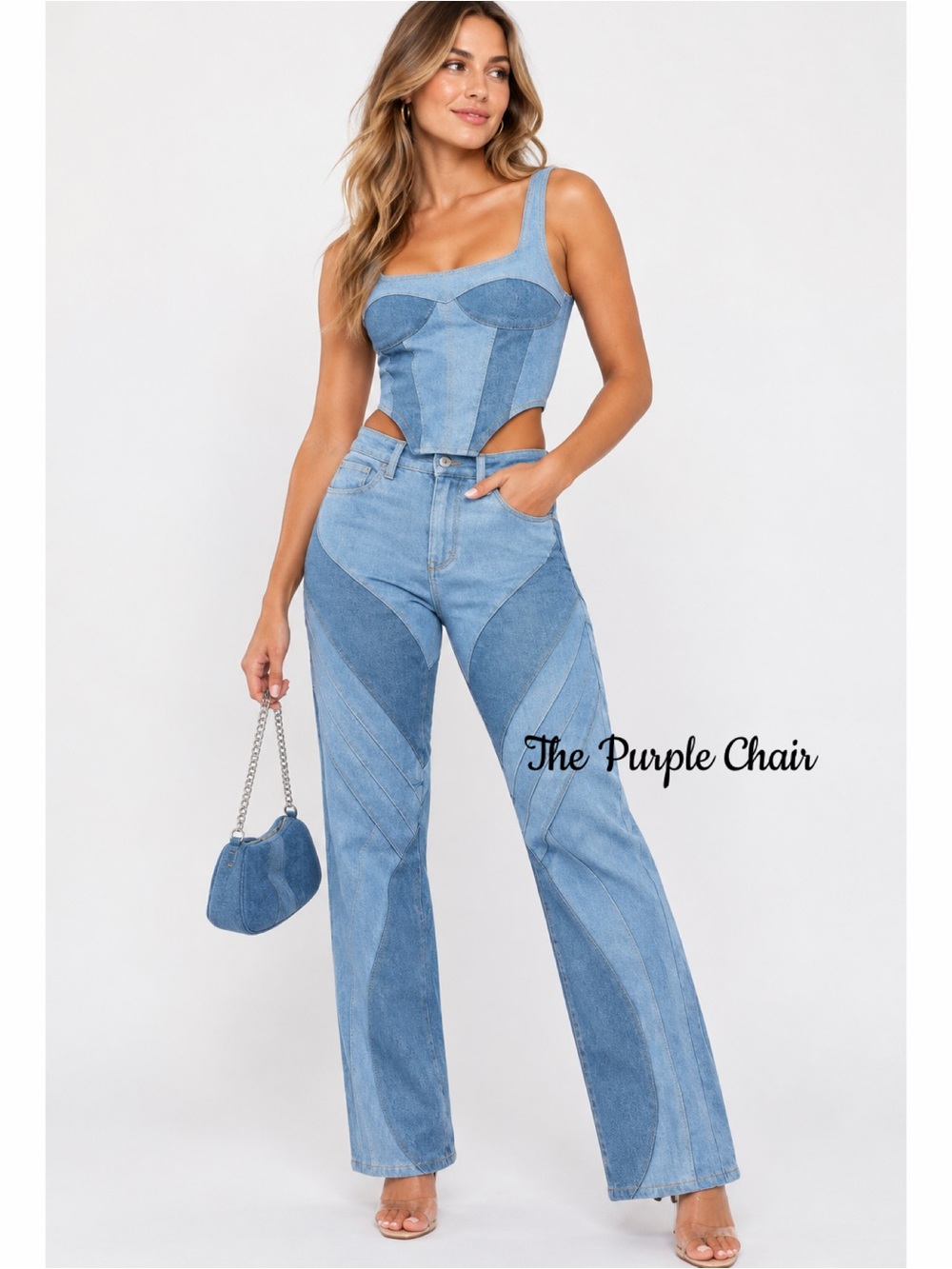 NWT PLT Contrast Denim 2pc Light Blue Wash Corset Crop Top Patchwork Panel Jeans